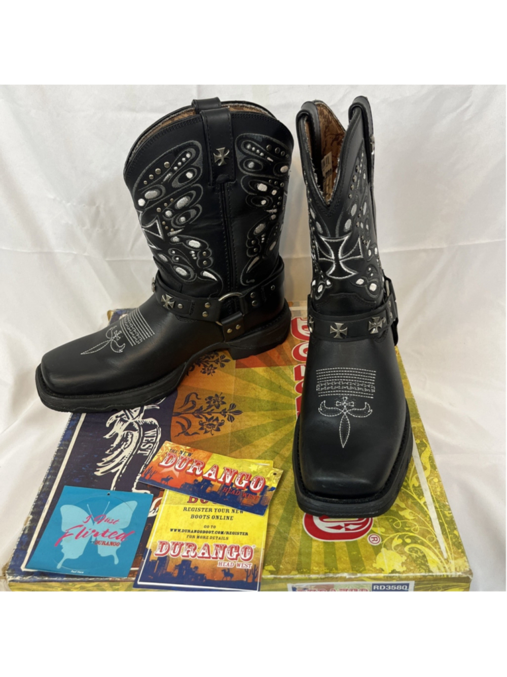 Flirt W/ Durango 9” Black Cowboy Western Biker Boots Silver Butterfly Cross NIB